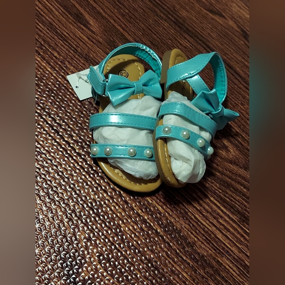 Kids Teal Sandals with Bow and Pearl Accents